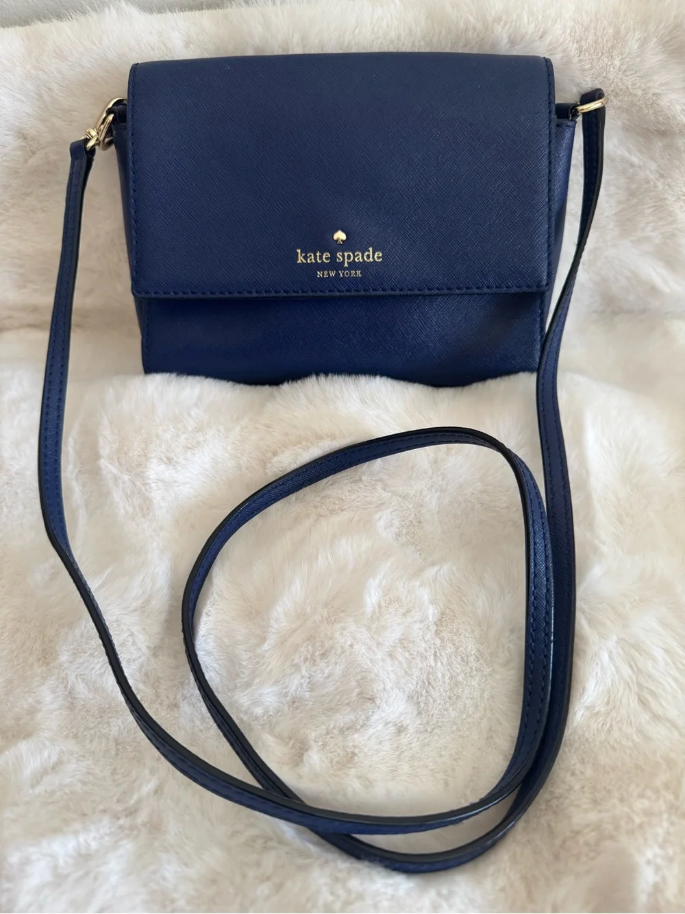 Kate Spade Navy Blue Saffiano Leather Crossbody Purse Bag Flap